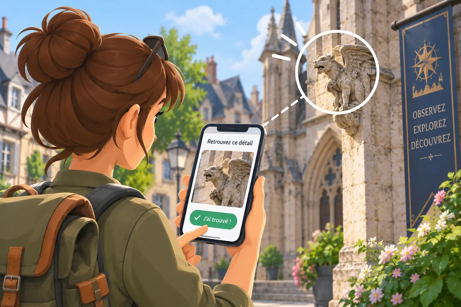 Illustration d'un parcours Photo : un joueur observe une photo pour retrouver un détail dans son environnement