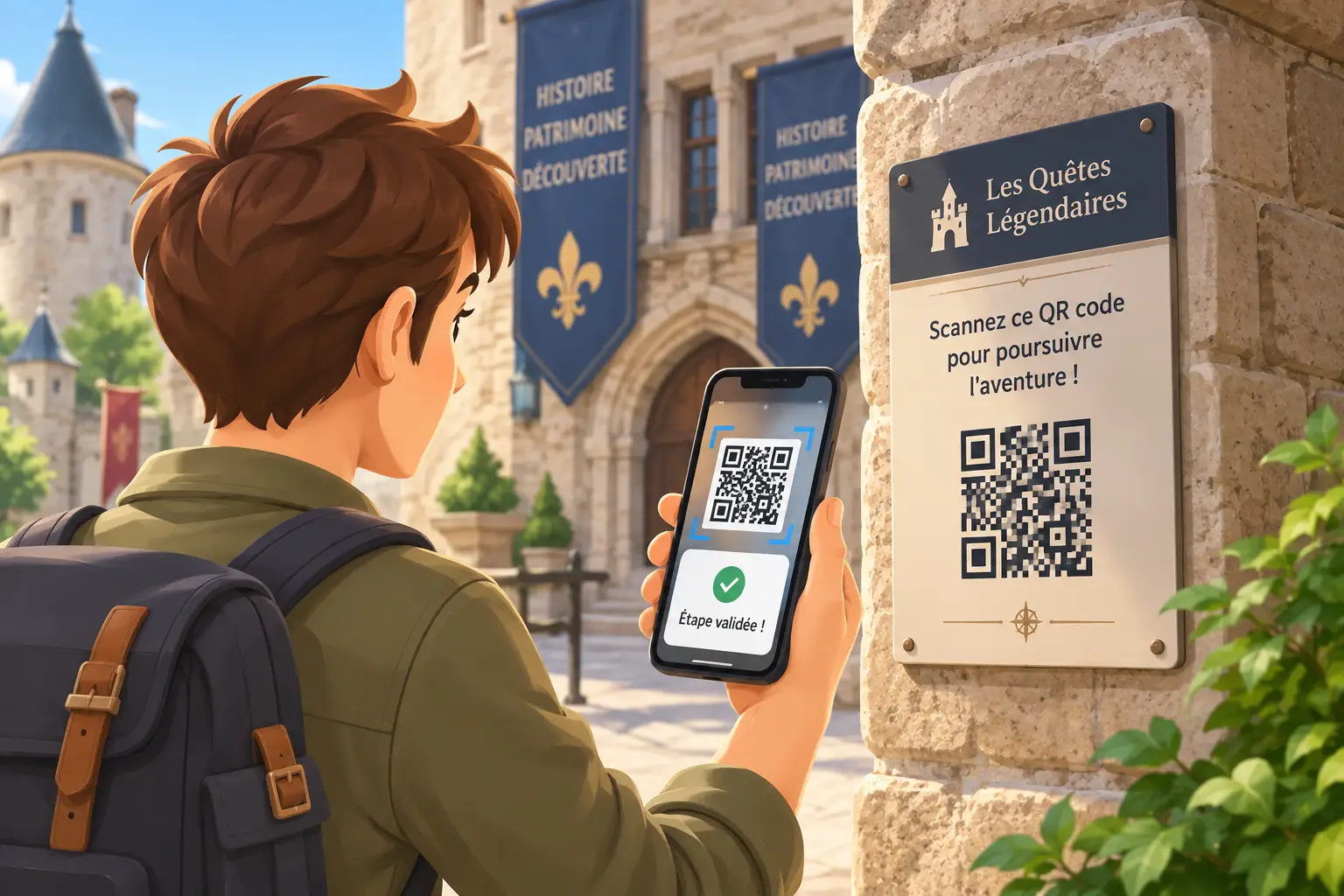 Illustration d'un parcours QR Code : un joueur scanne un QR code disposé sur le lieu pour progresser